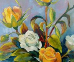 Kortárs festőművész alkotása. Bőm Gabriella: Sárga, és fehér rózsák. Virágcsendélet 