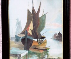 Kikötő a ködben. Régi olajfestmény Németországból 1915.
