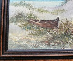 Naturalista tájkép a Balaton partján veszteglő csónakkal, keretezett olaj-furnér festmény szignóval