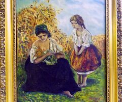 Gyermekét szoptató anya impresszionista stílusú olaj-vászon festmény Németországból