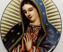 Tűzzománc medál imádkozó Szűz Anyával, csillagos kendővel, Imával a hátoldalon, keret nélkül