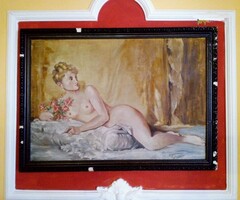 Fekvő akt rózsacsokorral, nagy méretű festmény 1961-ből, Tarapcsik szignóval