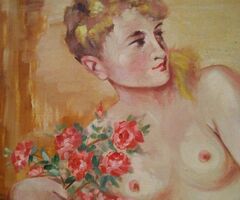 Fekvő akt rózsacsokorral, nagy méretű festmény 1961-ből, Tarapcsik szignóval