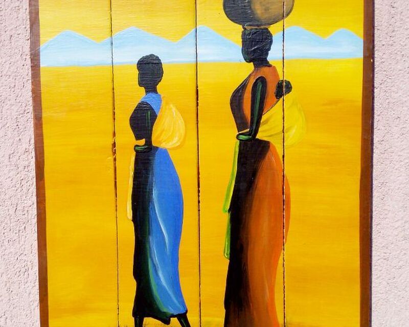 Afrikai batyus nők. Deszka lapokra festett kép. Kortárs művészi alkotás