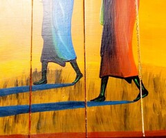 Afrikai batyus nők. Deszka lapokra festett kép. Kortárs művészi alkotás