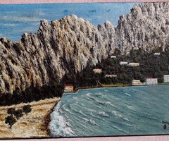 Omis Adriai tengerparti város látképe, nagy méretű olaj-vászon festmény szignálva, keret nélkül