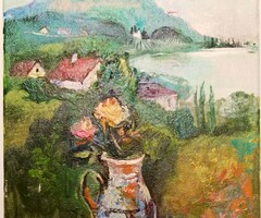 Halácsy Mária: Rózsa csendélet, hegyvidéki falu hátérrel. Modern festmény