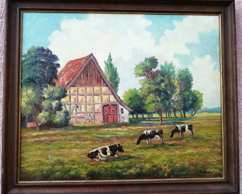 Alpesi legelő tájkép marhákkal, és istállóval keretezett olaj-vászon festmény szignóval