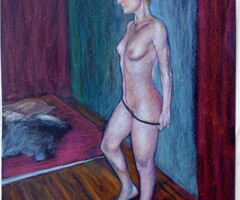 Tangáját próbáló Aktmodell, Modern impresszionista festmény. Kagyerják Attila Tamás alkotása