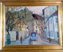 Pécsi utca, KAMARÁS KLÁRA kortárs festőművész alkotása keretezve, Impresszionista műtárgy