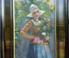 Hölgy csokorral biedermeier stílusú keretezett antik festmény Nyíry Tamás szignóval