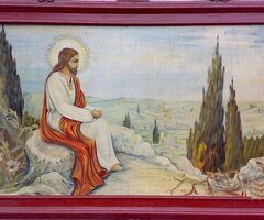 Jézus az olajfák hegyén, olajfestmény szignóval furnér lemezen