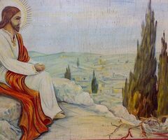 Jézus az olajfák hegyén, olajfestmény szignóval furnér lemezen