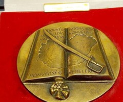 Hatalmas méretű honvédségi bronz plakett, szablyával, Magyarország térképével, eredeti tokjában