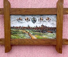 Kerámia táblára festett falikép páros, Nürnberg látképeivel, rusztikus dekoráció
