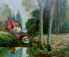 Realista modern Holland tájkép 1932-ből, szignálva. Híd az álmok otthonához. 
