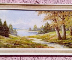 Realista fekvő tájkép havasi tóra nyíló erdőrészlettel, keretezett olaj-karton festmény szignóval