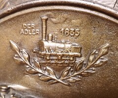 Antik keretezett bronz plakett, Adler mozdonyos szerelvénnyel