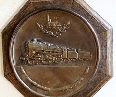 Antik keretezett bronz plakett, Adler mozdonyos szerelvénnyel