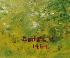 Tiroli tájkép erdei tóval, és házikóval, szignált festmény Ausztriábó